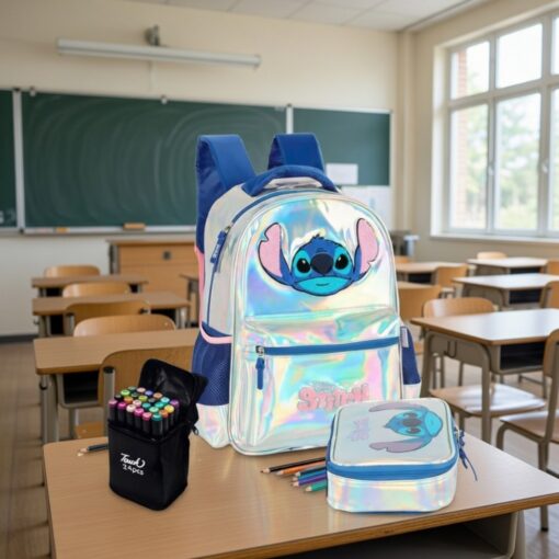 Kit mochila Estojo e canetinha Stitch Prata + 24 canetinhas de brinde