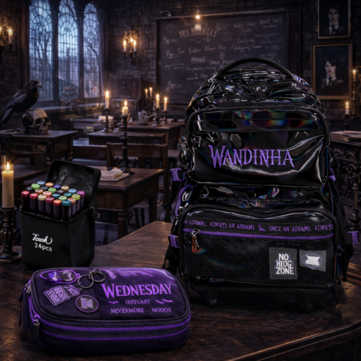 Kit Mochila Wandinha com Rodinhas Estojo + 24 canetinhas de Brinde