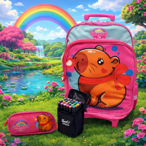 Kit Escolar Capivara Mochila e Estojo + 24 canetinhas de brinde