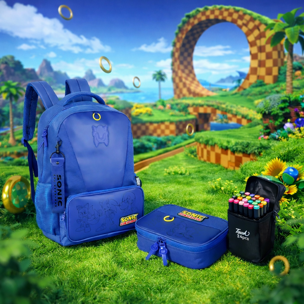 Kit Mochila Escolar Sonic Estojo e Canetinha 24 cores