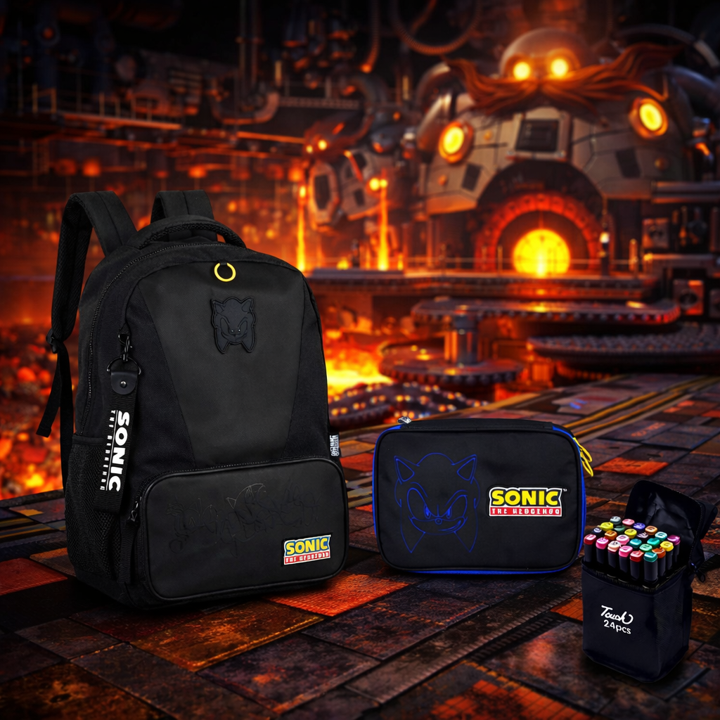 Kit Mochila Escolar Sonic Estojo e Canetinha 24 cores