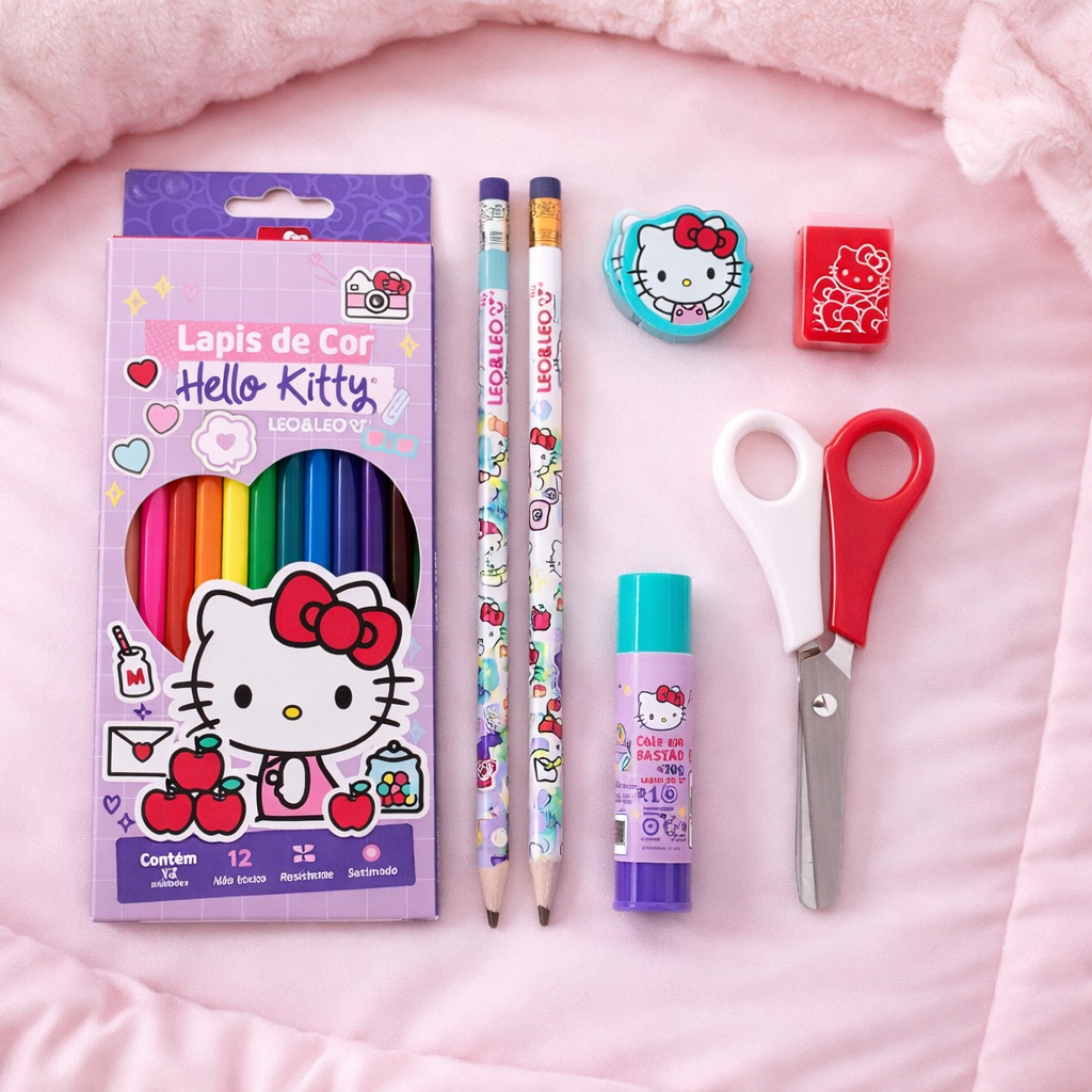 O Kit Lápis Escolar Hello Kitty para Meninas é a escolha perfeita para tornar a rotina escolar mais divertida, organizada e cheia de estilo.