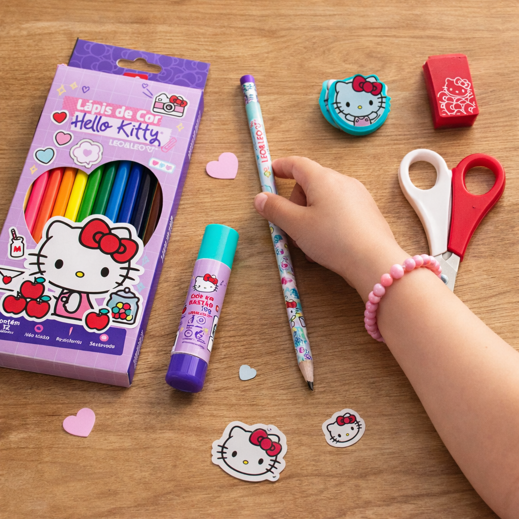 O Kit Lápis Escolar Hello Kitty para Meninas é a escolha perfeita para tornar a rotina escolar mais divertida, organizada e cheia de estilo.