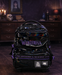 Mochila de Rodinha Wandinha Holográfica Preta Escolar