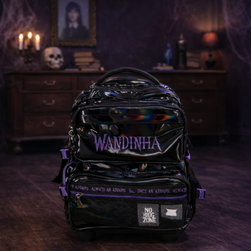 Mochila de Rodinha Wandinha Holográfica Preta Escolar