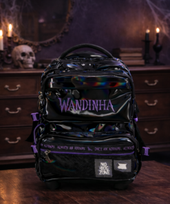 Mochila de Rodinha Wandinha Holográfica Preta Escolar