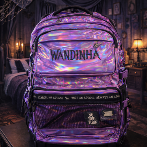 Mochila de Rodinha Wandinha Holográfica Preta Escolar