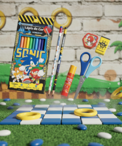 Kit Sonic Lápis de cor 12 Cores Borracha Apontador Tesoura e Borracha