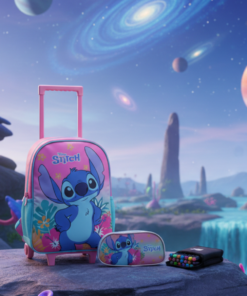 Kit Escolar Stitch Mochila com Rodinhas Estojo e Canetinha de Brinde