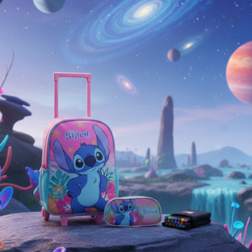 Kit Escolar Stitch Mochila com Rodinhas e Estojo + 24 canetinhas de brinde