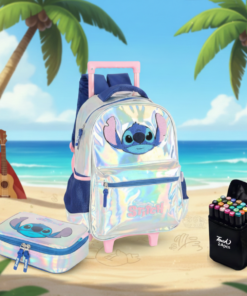 Kit Stitch Prata Mochila com Rodinhas Estojo e Canetinhas