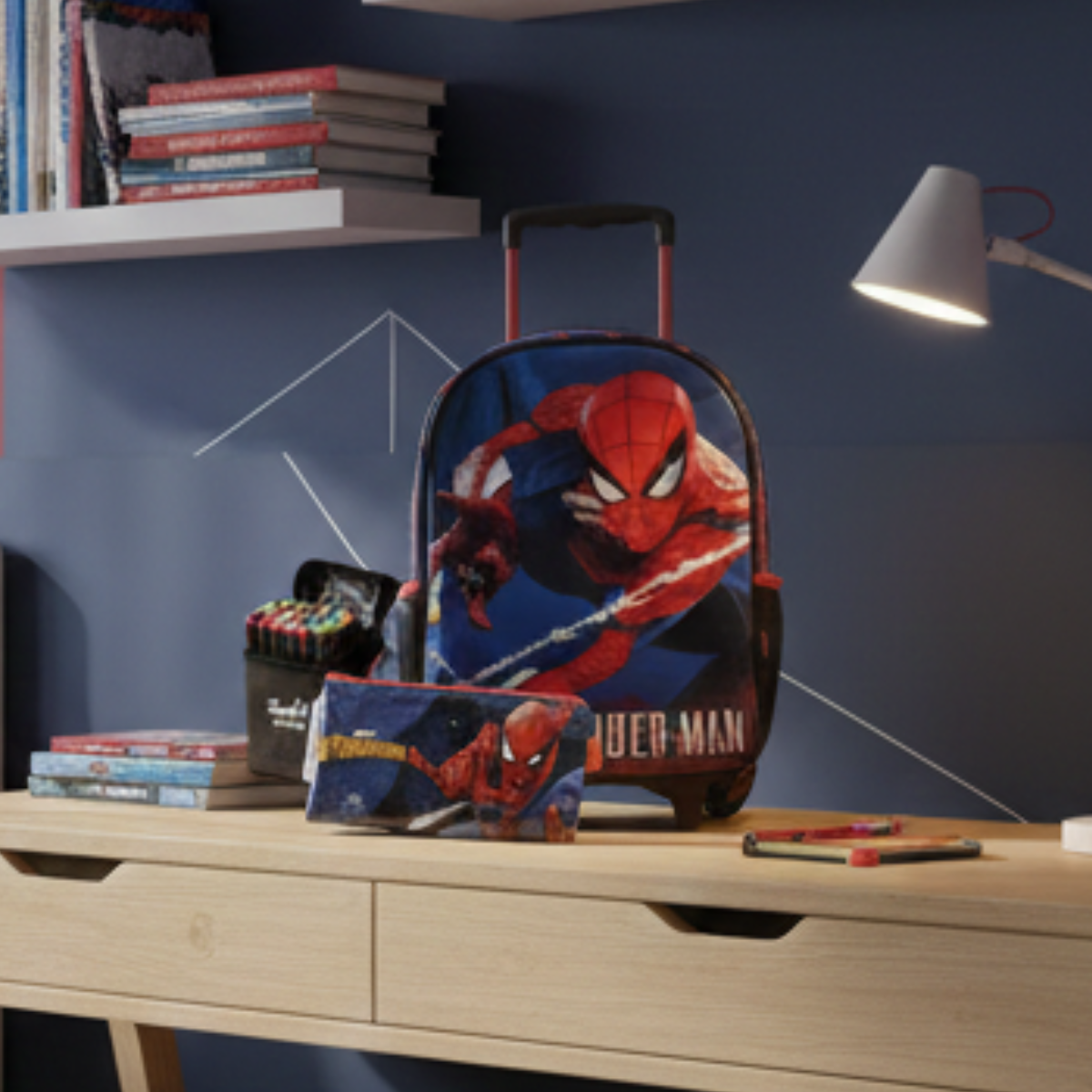 Kit Mochila Homem Aranha Rodinhas Estojo Canetinha de Brinde