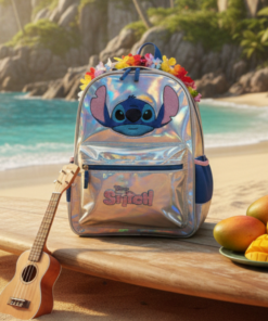 Mochila Stitch Prata Holográfica Escolar Infantil Disney