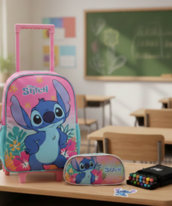 Kit Escolar Stitch Mochila com Rodinhas Estojo e Canetinha de Brinde