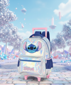 Kit Stitch Prata Mochila com Rodinhas Estojo e Canetinhas