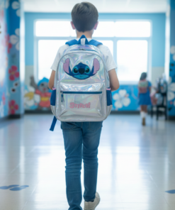 Kit Stitch Prata Mochila com Rodinhas Estojo e Canetinhas