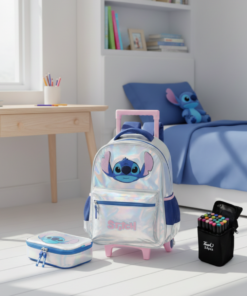 Kit Stitch Prata Mochila com Rodinhas Estojo e Canetinhas