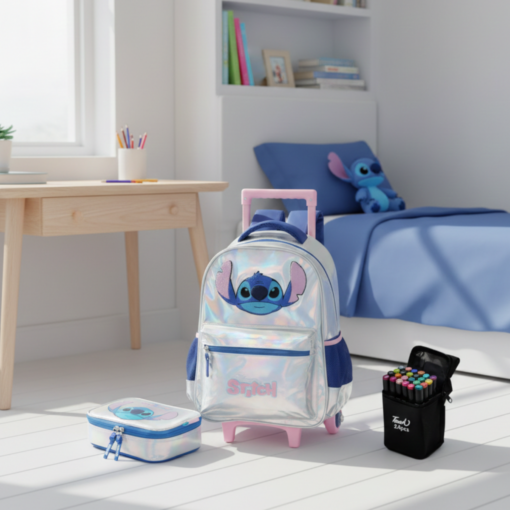 Kit Stitch Mochila com Rodinhas e Estojo + 24 canetinhas de brinde