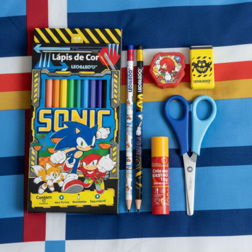 Kit Sonic Lápis e Borracha ou Lápis de cor 12 Cores Borracha Apontador Tesoura e Borracha