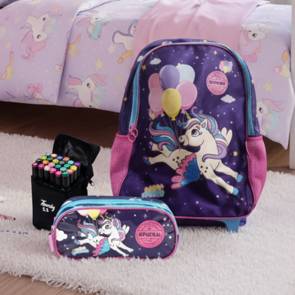 Kit Mochila unicórnio UP4YOU Estojo Canetinha 24 Cores
