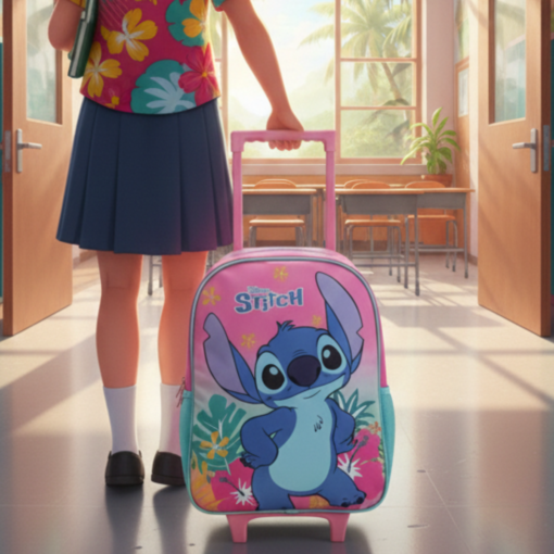 Kit Escolar Stitch Mochila com Rodinhas e Estojo + 24 canetinhas de brinde