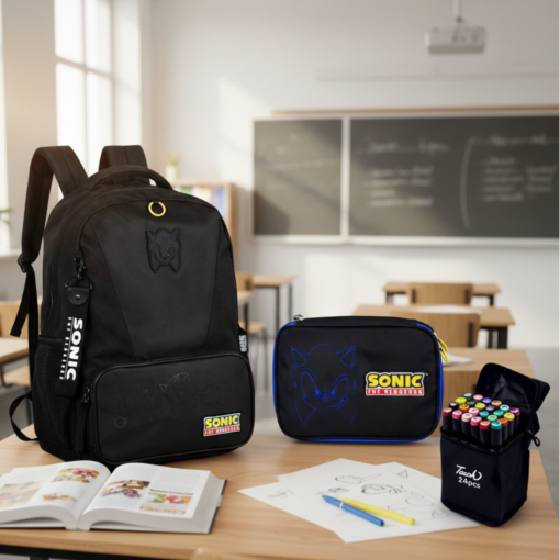 Kit Mochila Escolar Sonic Estojo e Canetinha 24 cores de Brinde