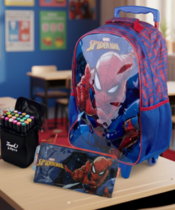 Kit Mochila Homem Aranha Rodinhas Estojo Canetinha de Brinde