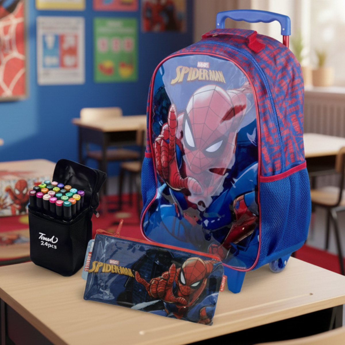 Kit Mochila Homem Aranha Rodinhas Estojo Canetinha de Brinde