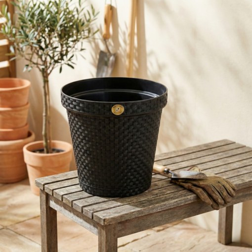 Vaso Rattan Preto 10 Litros Redondo Jardim Arqplast