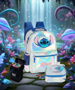 Mochila Stitch Prata Holográfica Escolar Infantil Disney