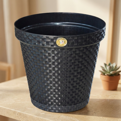 Vaso Rattan Preto 10 Litros Redondo Jardim Arqplast