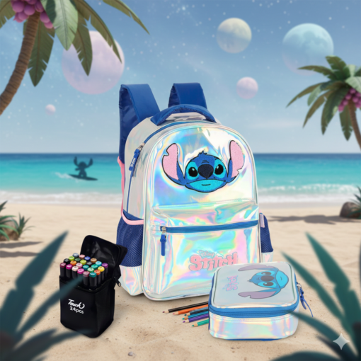 Kit mochila Estojo e canetinha Stitch Prata + 24 canetinhas de brinde