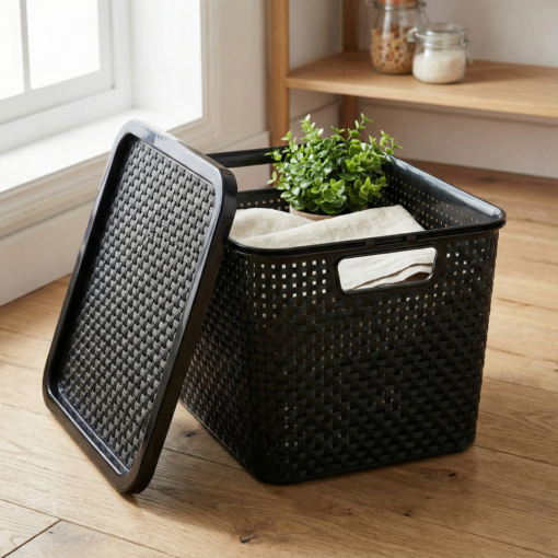 Caixa Organizadora Rattan com Tampa 15 Litros Preto Arqplast