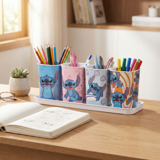 Porta Canetas Stitch Plasútil com Bandeja 4 Peças