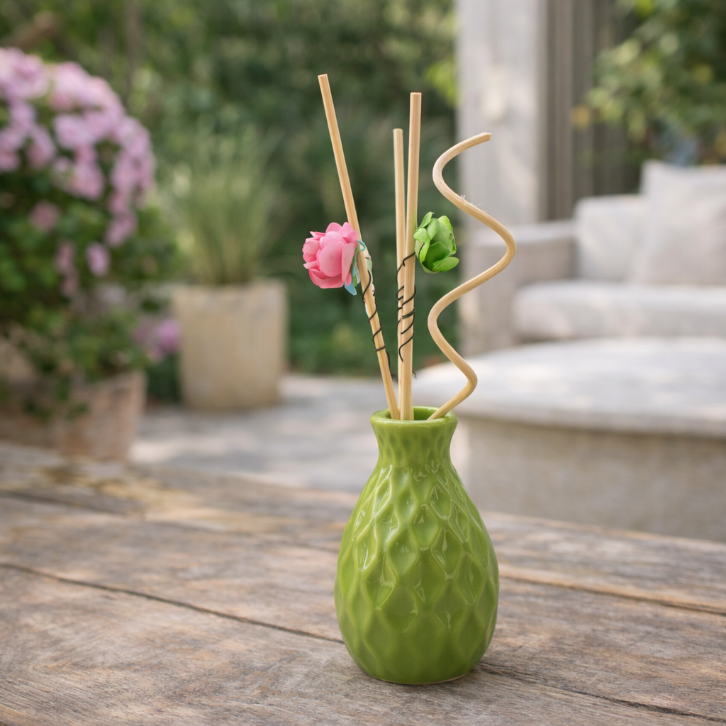 Vaso difusor de cerâmica com varetas decoradas