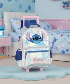 Mochila Stitch Prata com Rodinhas Escolar Infantil