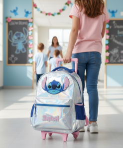 Mochila Stitch Prata com Rodinhas Escolar Infantil