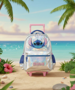 Mochila Stitch Prata com Rodinhas Escolar Infantil