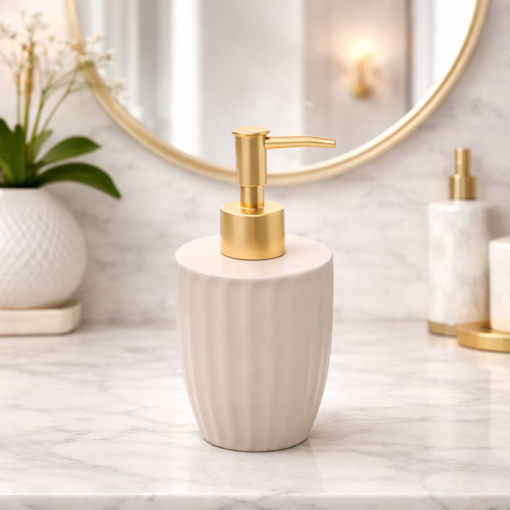 Porta Sabonete Liquido 330ml Ceramica Canelatta Creme Lyor Elegante para Banheiro