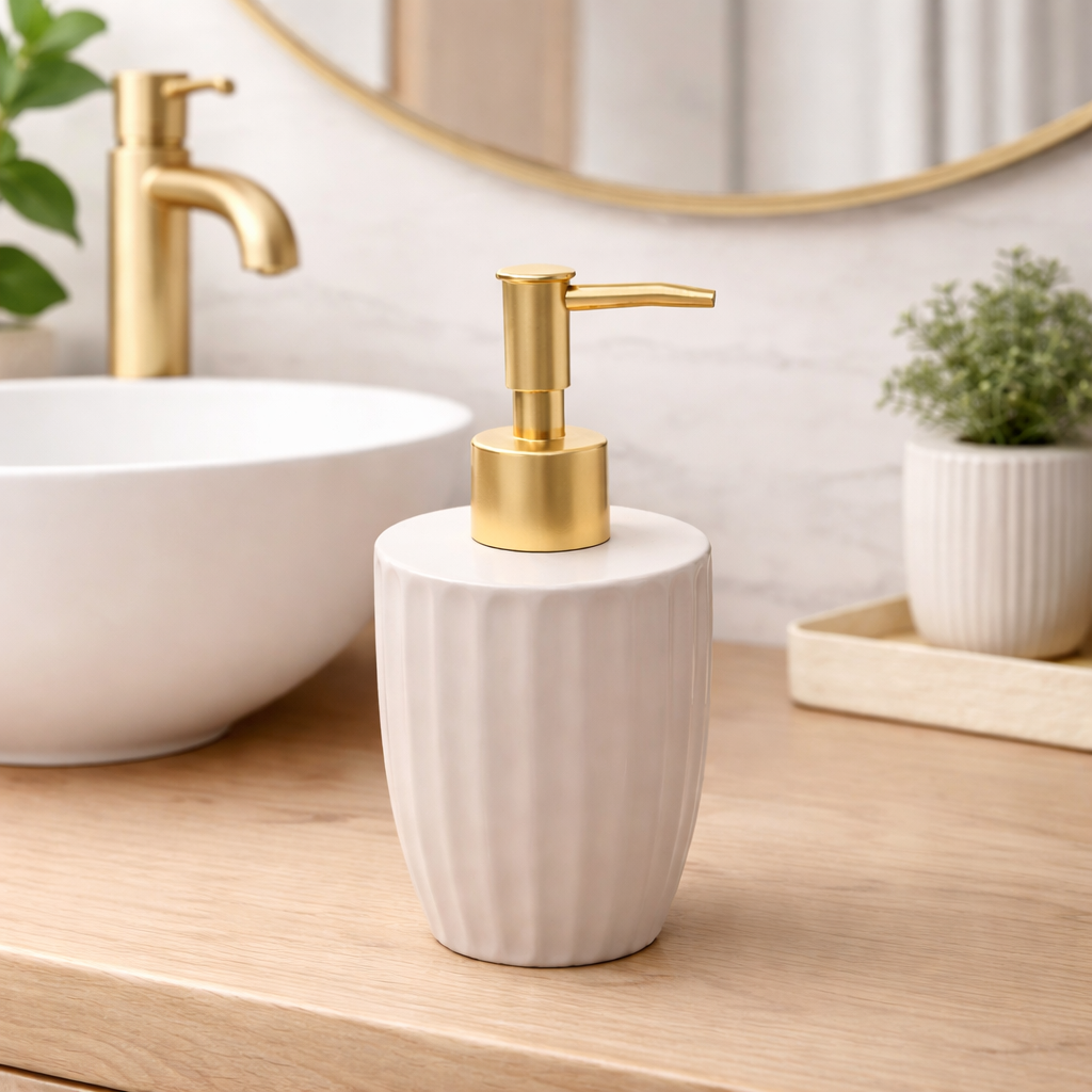 Porta Sabonete Liquido Ceramica Canelatta Creme 330ml Lyor Elegante para Banheiro
