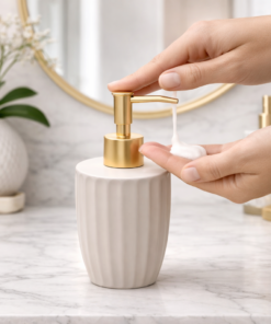 Porta Sabonete Liquido Ceramica Canelatta Creme 330ml Lyor Elegante para Banheiro