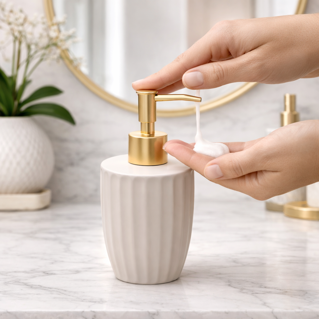 Porta Sabonete Liquido Ceramica Canelatta Creme 330ml Lyor Elegante para Banheiro