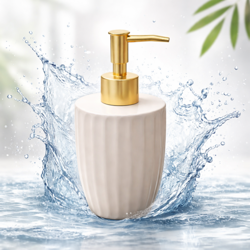 Porta Sabonete Liquido 330ml Ceramica Canelatta Creme Lyor Elegante para Banheiro