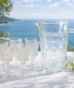 Kit 12 Taças de Vidro com Jarra Lapidada Transparente para Água Suco e Bebidas