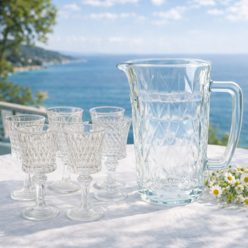 Kit 12 Taças de Vidro + Jarra Lapidada Transparente para Água Suco e Bebidas