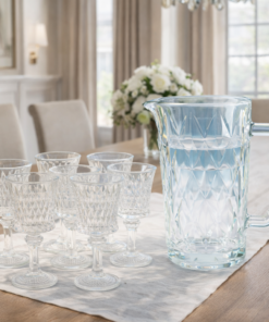 Kit 12 Taças de Vidro com Jarra Lapidada Transparente para Água Suco e Bebidas