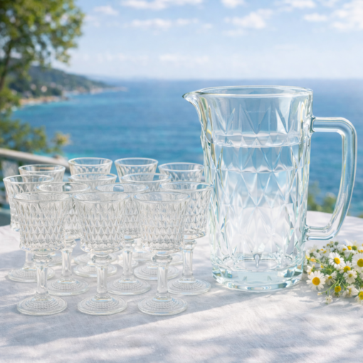 Kit 12 Taças de Vidro + Jarra Lapidada Transparente para Água Suco e Bebidas