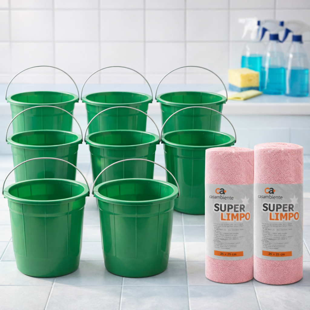 Kit 8 Baldes de 8L e 3 Pano Microfibra 20 folhas
