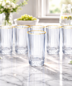 Jogo 6 Copos de Vidro Long Drink 420ml Borda com Filete Dourado