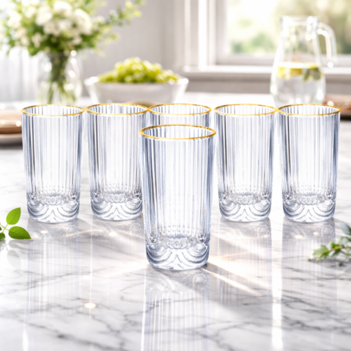 Jogo 6 Copos de Vidro Long Drink 420ml Borda com Filete Dourado